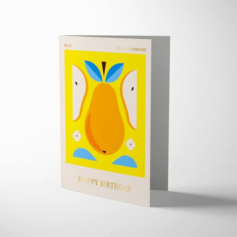 Greeting card with a pear illustration and 'Happy Birthday' text on a white background