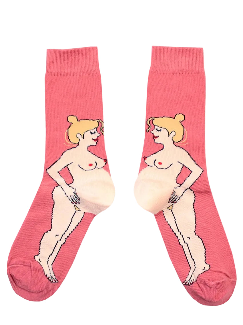 Pink socks with a graphic of a pregnant woman on a light blue background