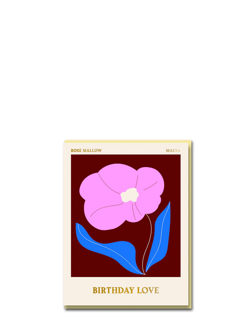 Greeting card with a pink flower and blue leaves on a brown background, titled 'Birthday Love'.