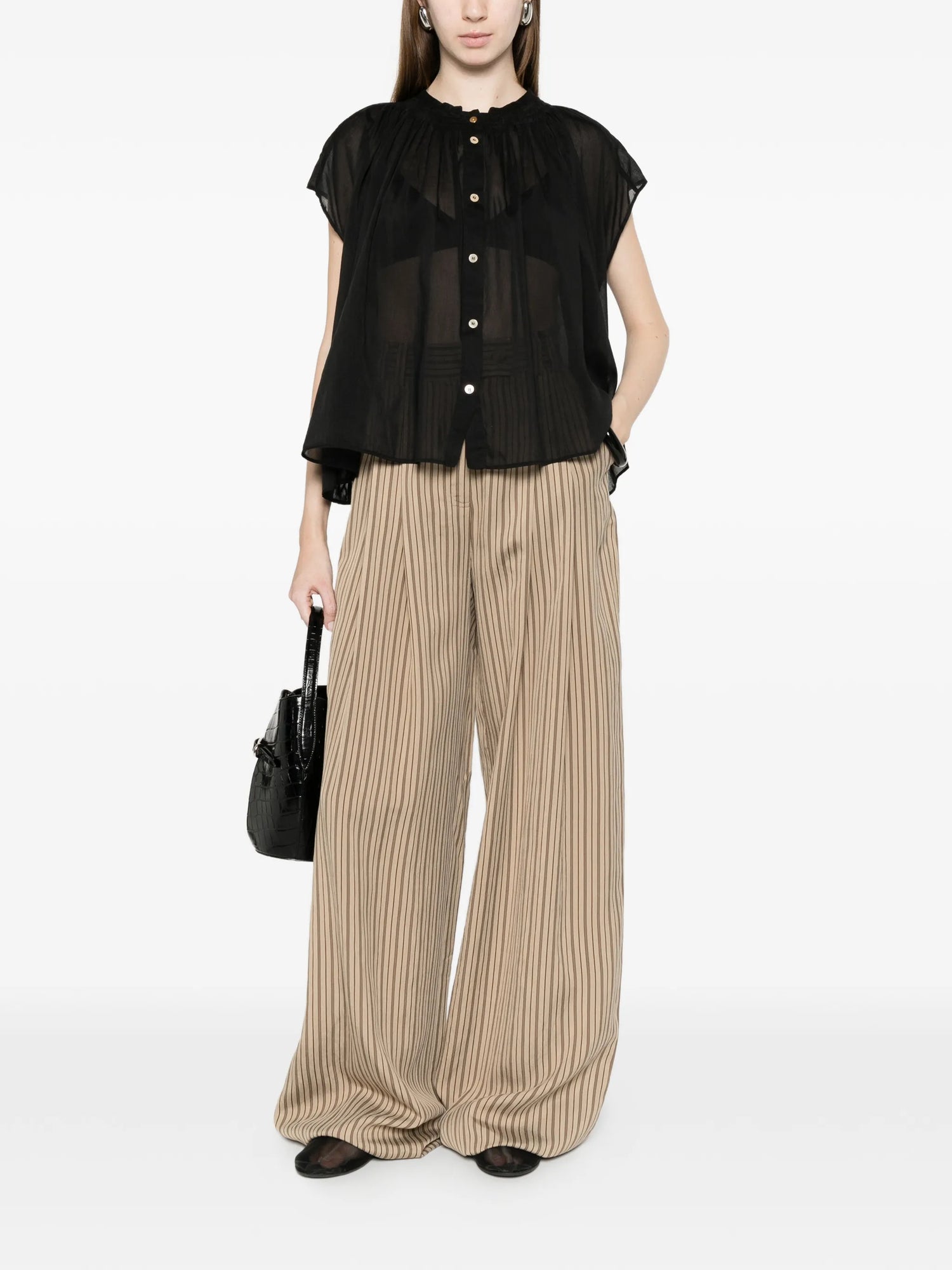 Silk cotton voile sleeveless bohemian shirt, black