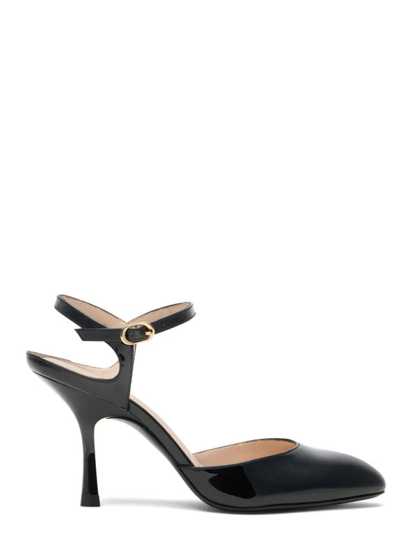 Black high-heeled shoe with a strap on a white background