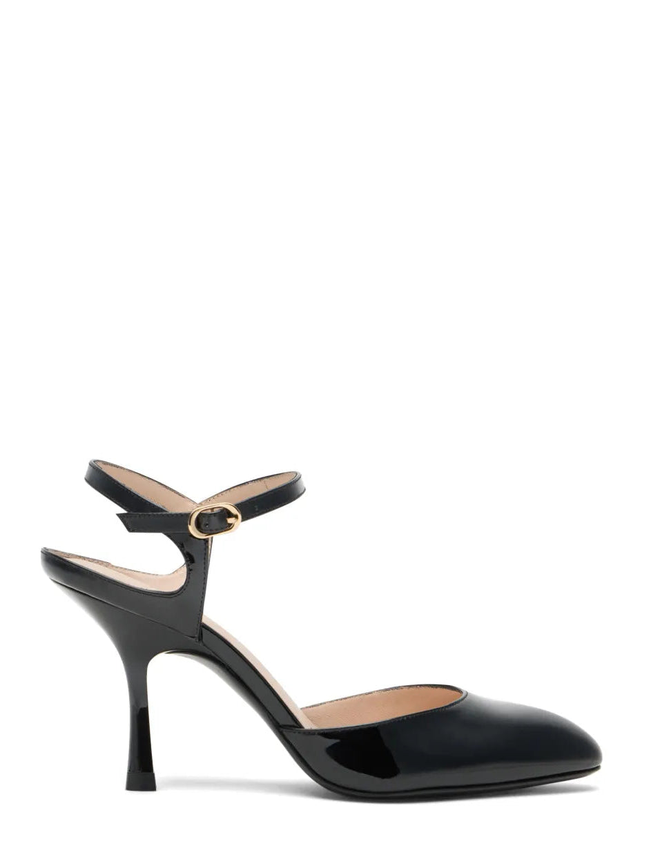 Black high-heeled shoe with a strap on a white background
