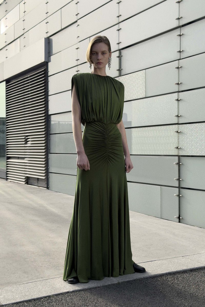 Jersey gathered maxi dress, olive