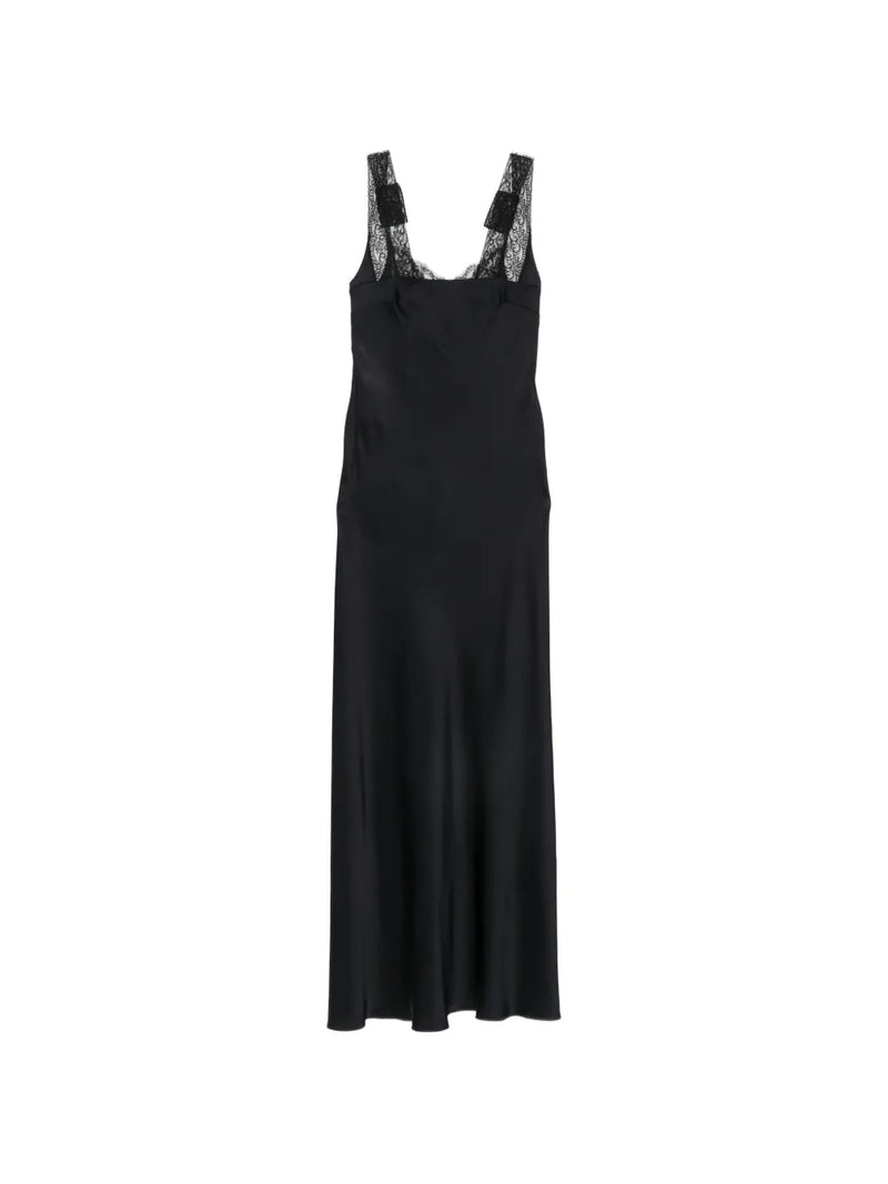 Envers satin lace neckline long dress, blue