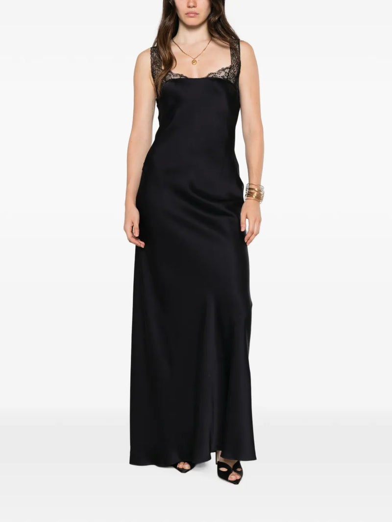 Envers satin lace neckline long dress, blue