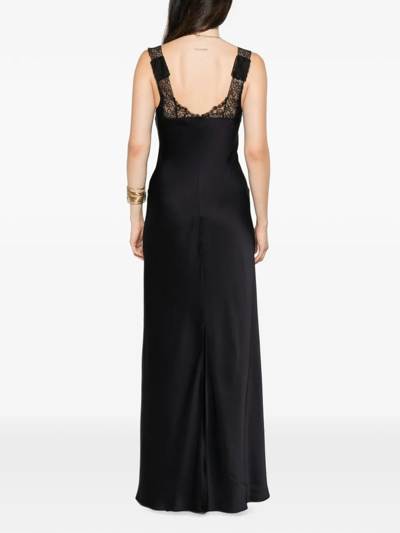 Envers satin lace neckline long dress, blue