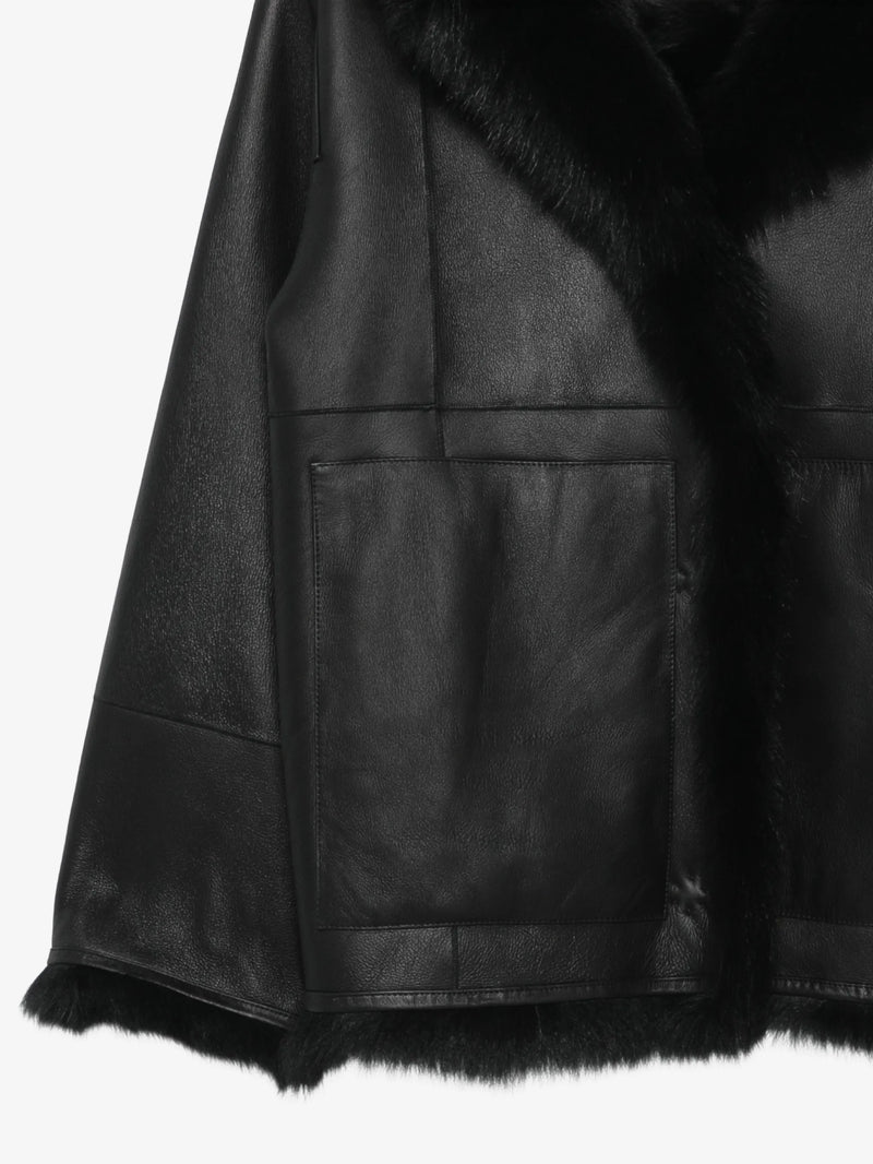 Reversible leather and shearling hooded jacket (62cm), ironed black