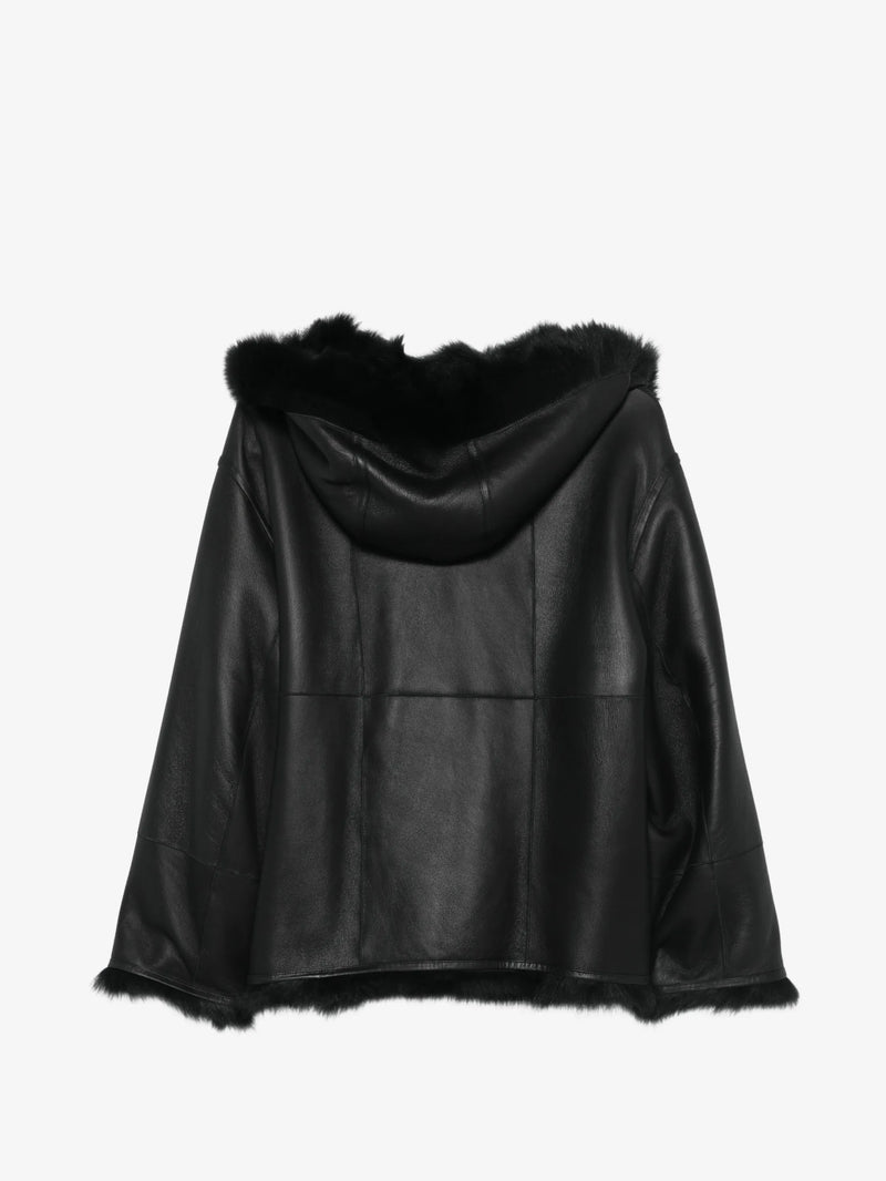 Reversible leather and shearling hooded jacket (62cm), ironed black