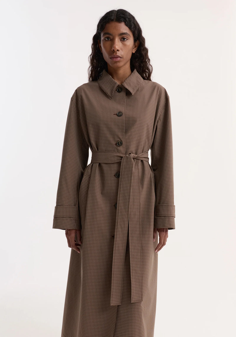 Technical check belted coat, brown multi check