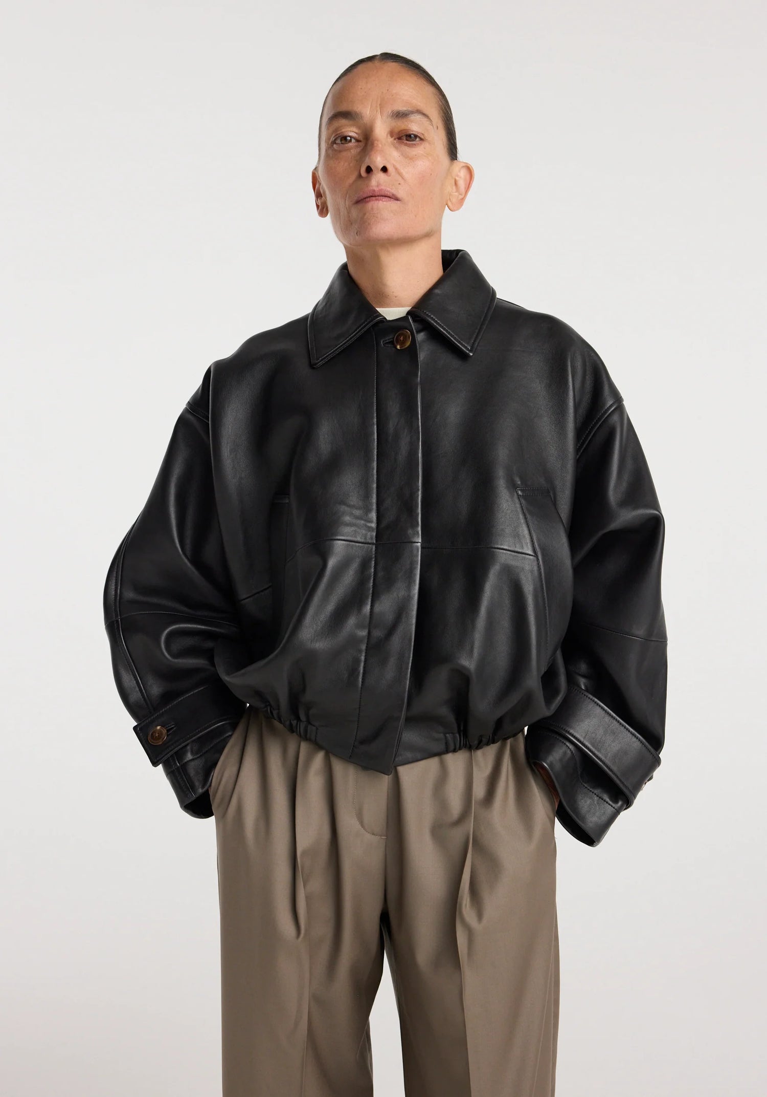 Leather blouson jacket, black