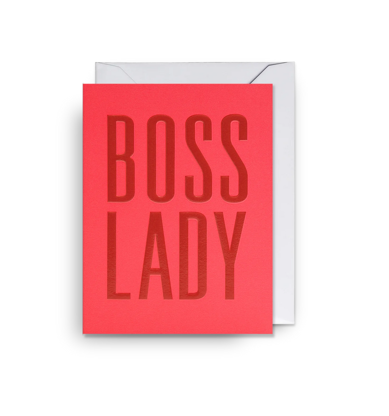 A red mini greeting card with the big text 'BOSS LADY' in bold, capital letters, embossed and foiled onto the surface.