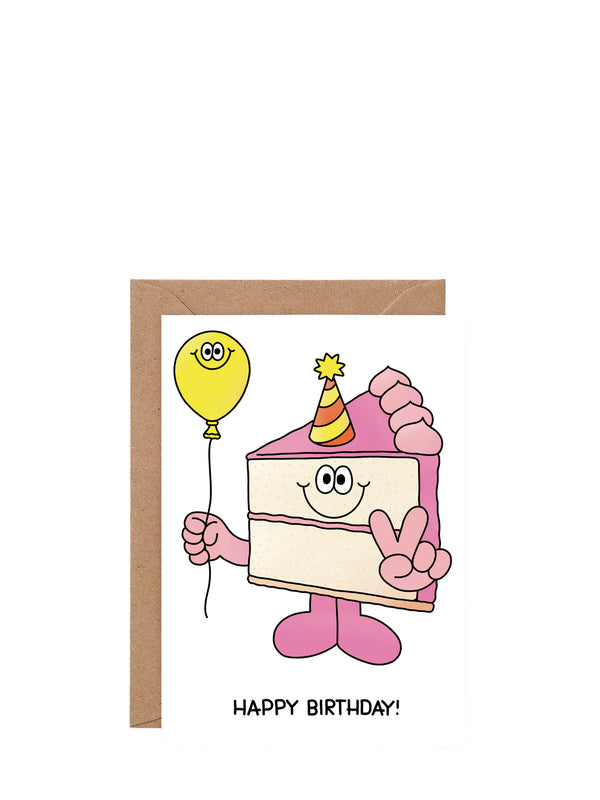 Happy birthday cake slice and balloon card