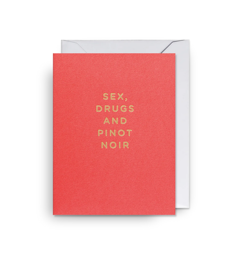 A red mini greeting card with the text 'SEX, DRUGS AND PINOT NOIR' in capital letters, accompanied by a white envelope.