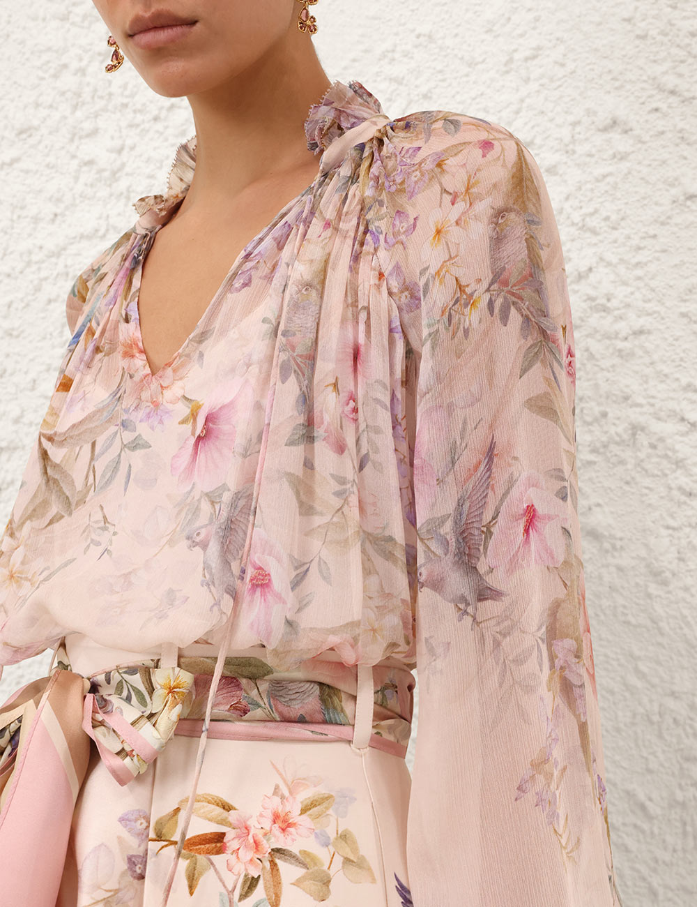 Rebellion billow blouse, cream aviary print