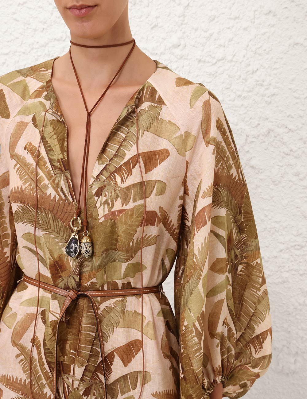 Ascension Midi Linen Dress, green palm print