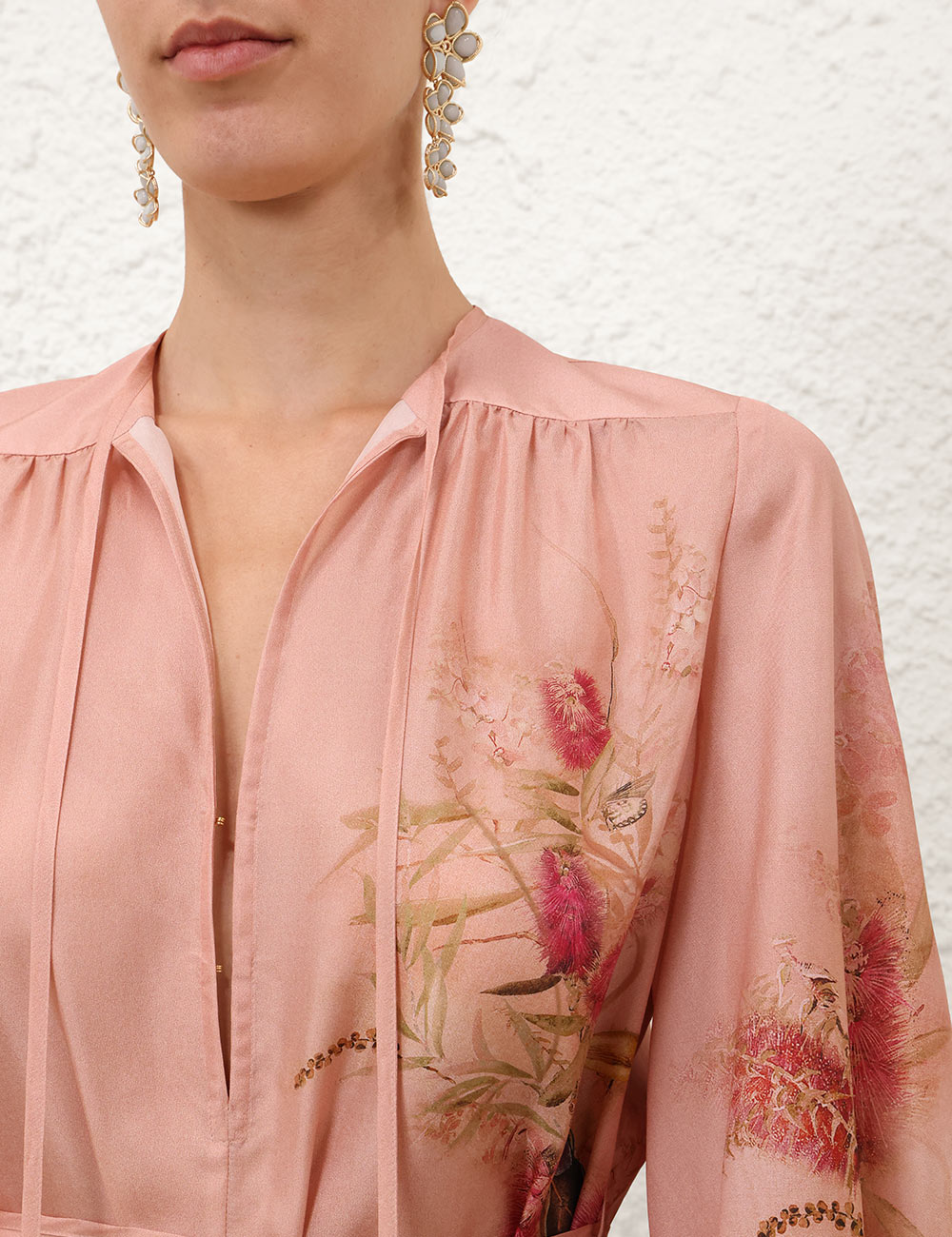 Cascadian Tunic Silk Top, Pink Botanical Floral print