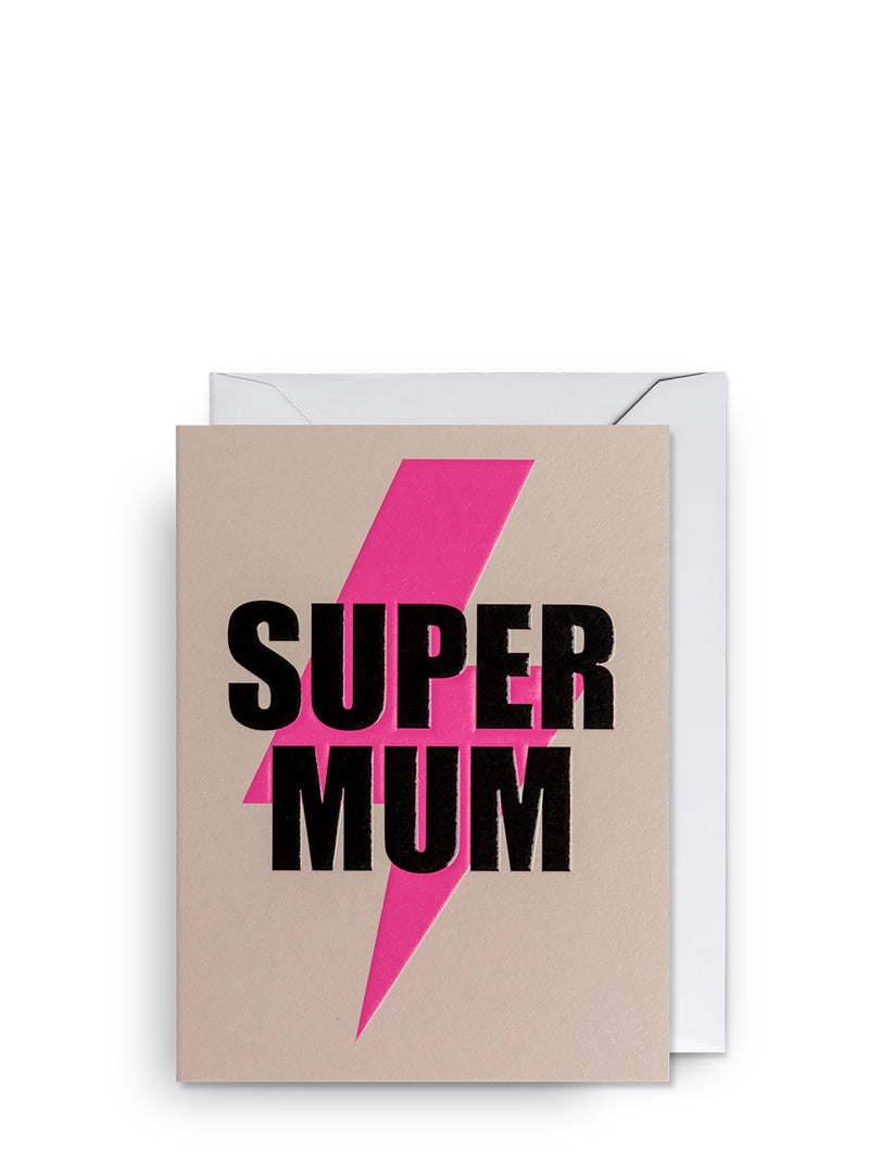 A mini greeting card with 'SUPER MUM' written in bold black letters on a beige background with a pink lightning bolt symbol. The card is presented with a white envelope.