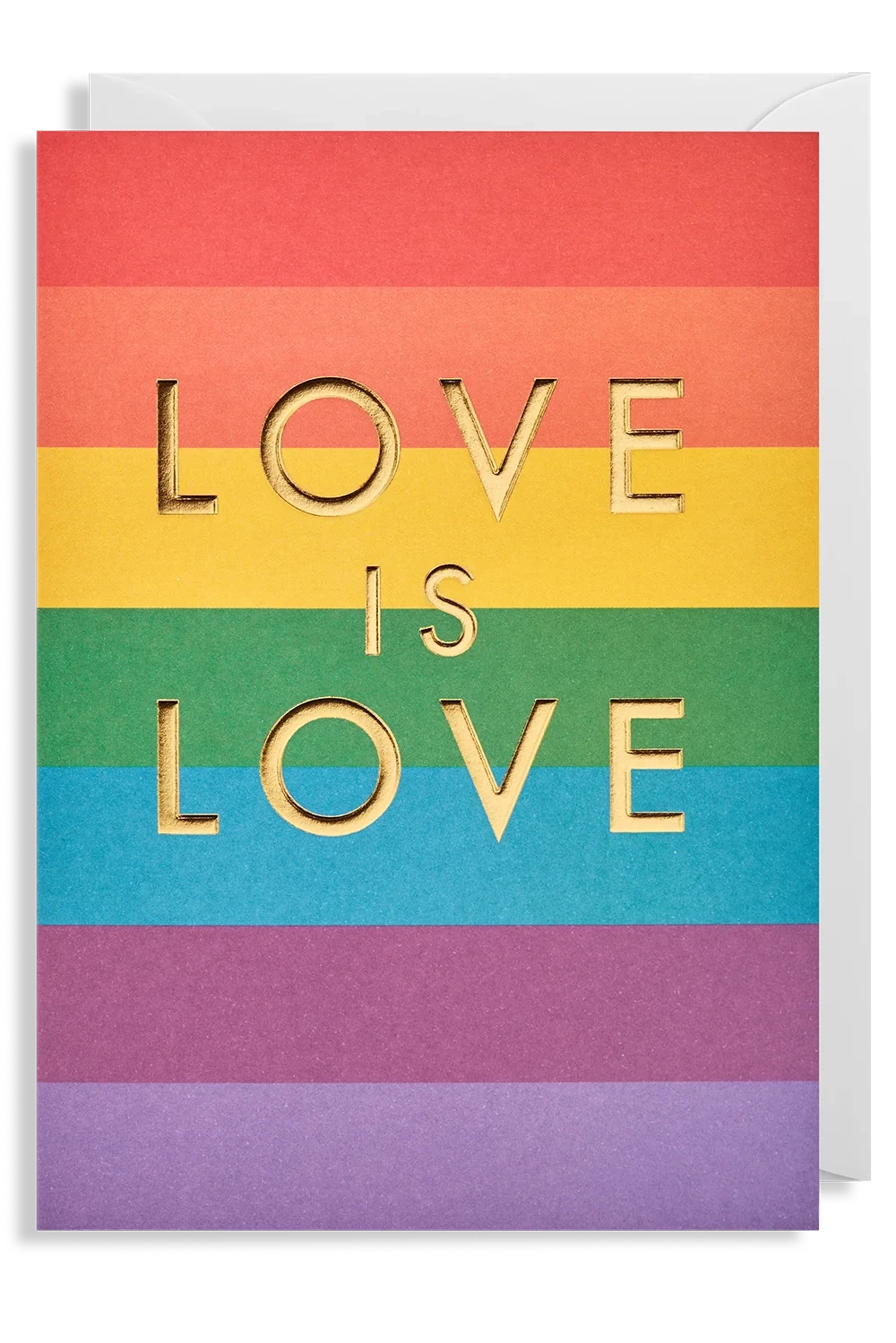 A rainbow striped greeting card with 'LOVE IS LOVE' written in gold letters, accompanied by a white envelope.