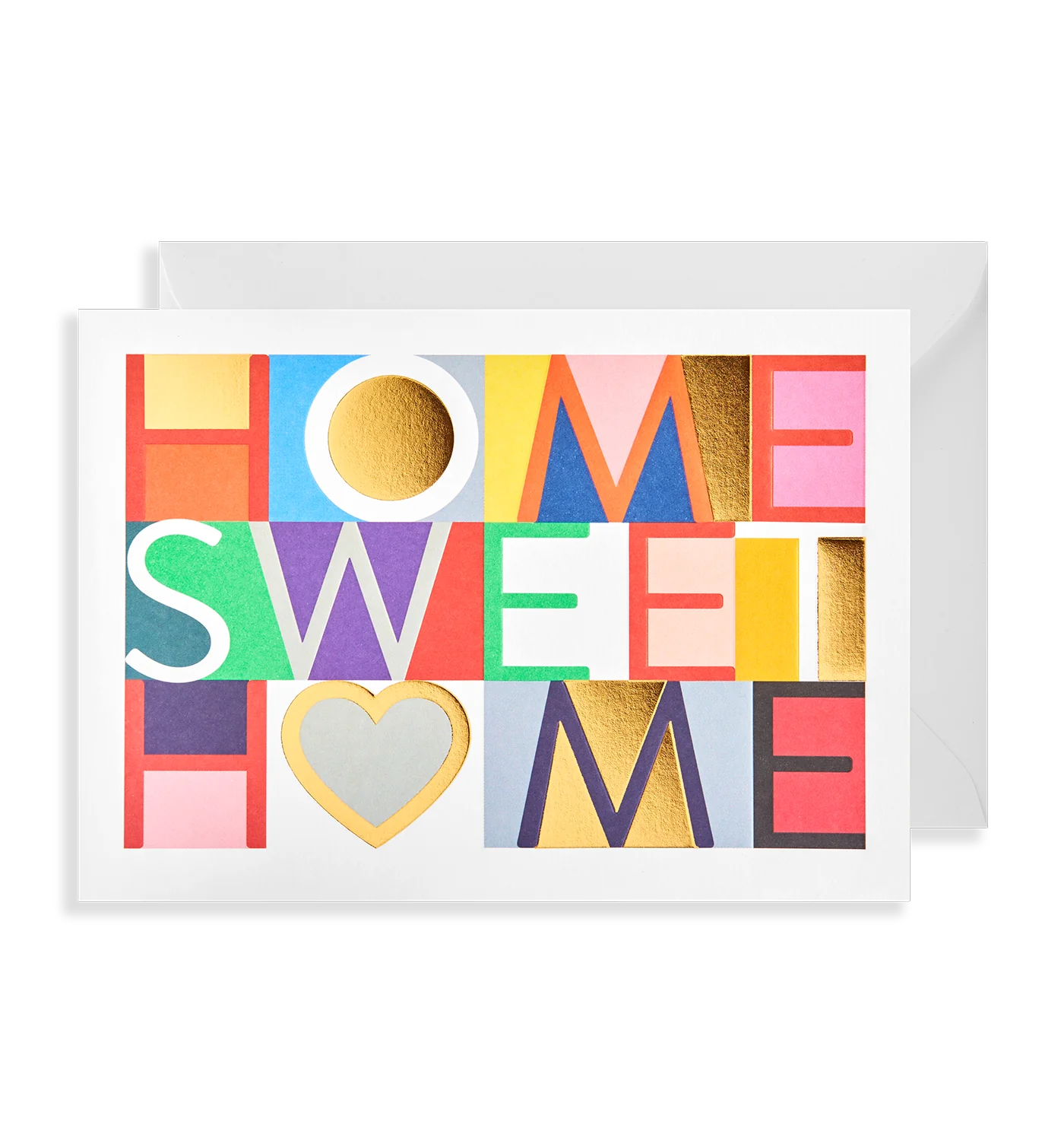 A colorful greeting card with the text 'HOME SWEET HOME' in various colors, presented with an envelope.