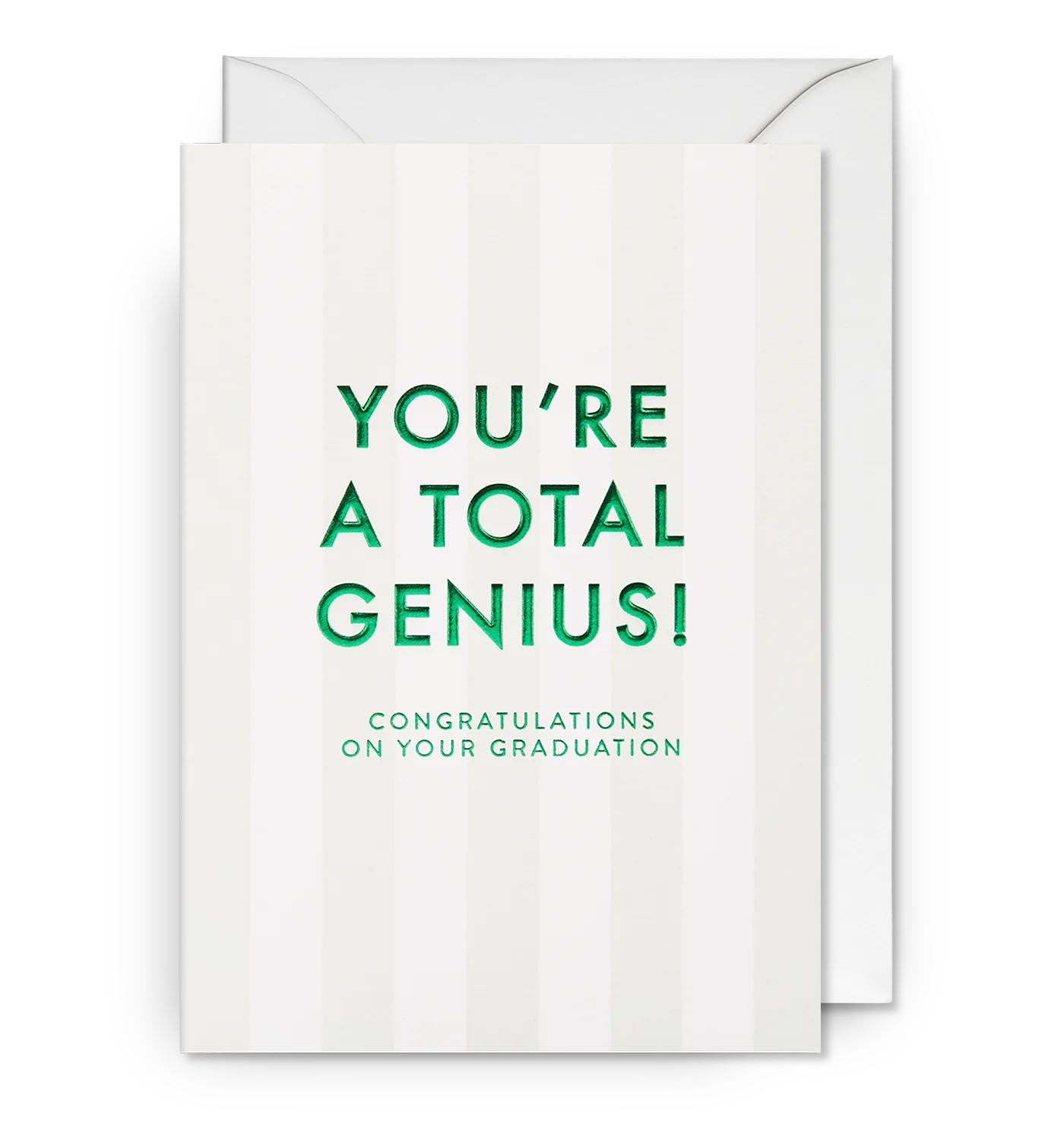 A white graduation card with green text that reads 'YOU'RE A TOTAL GENIUS. CONGRATULATIONS ON YOUR GRADUATION'.