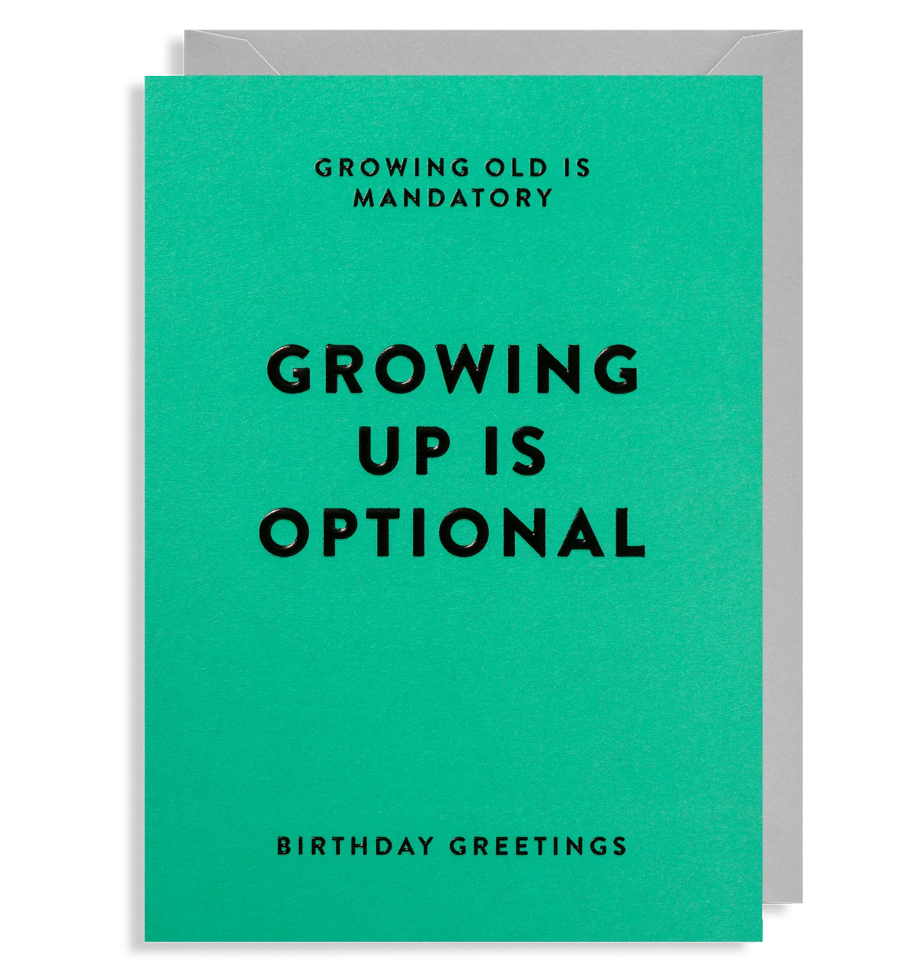 A green birthday card with the text 'GROWING OLD IS MANDATORY GROWING UP IS OPTIONAL' and 'BIRTHDAY GREETINGS' on the front, along with a visible part of the envelope behind it.