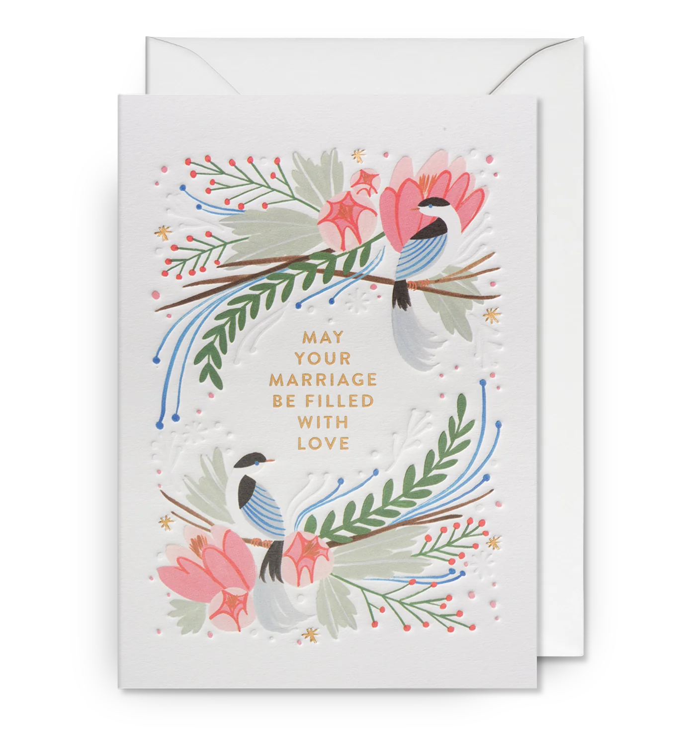 Illustrated wedding card with floral design and text, blank inside, with a matching envelope.