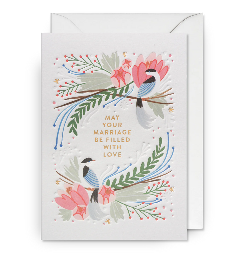 Illustrated wedding card with floral design and text, blank inside, with a matching envelope.