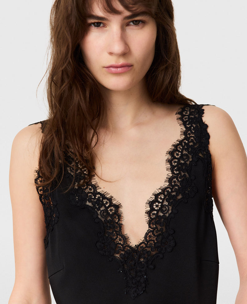 Lace-trimmed mini dress, black