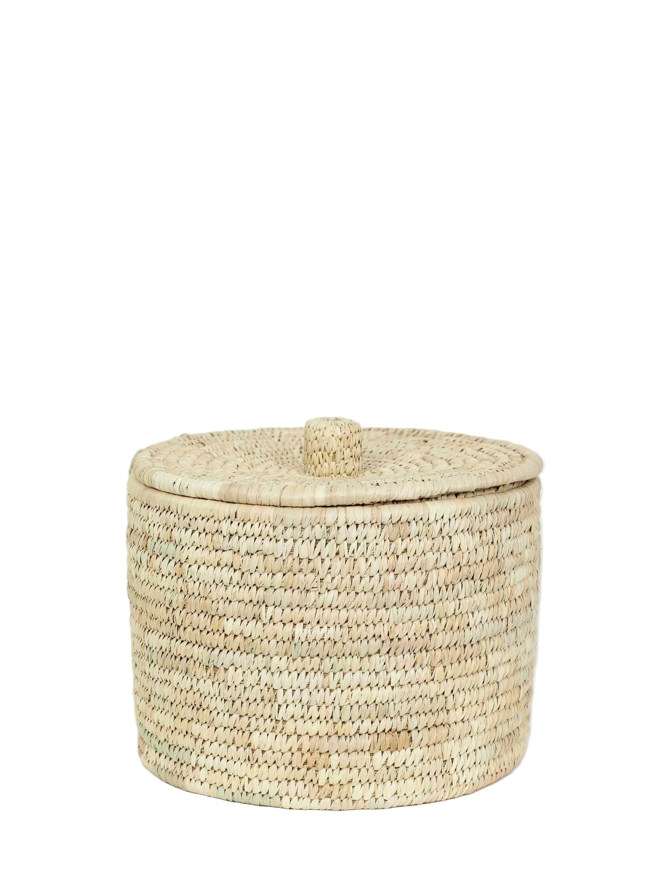 Woven storage basket with a lid on a white background