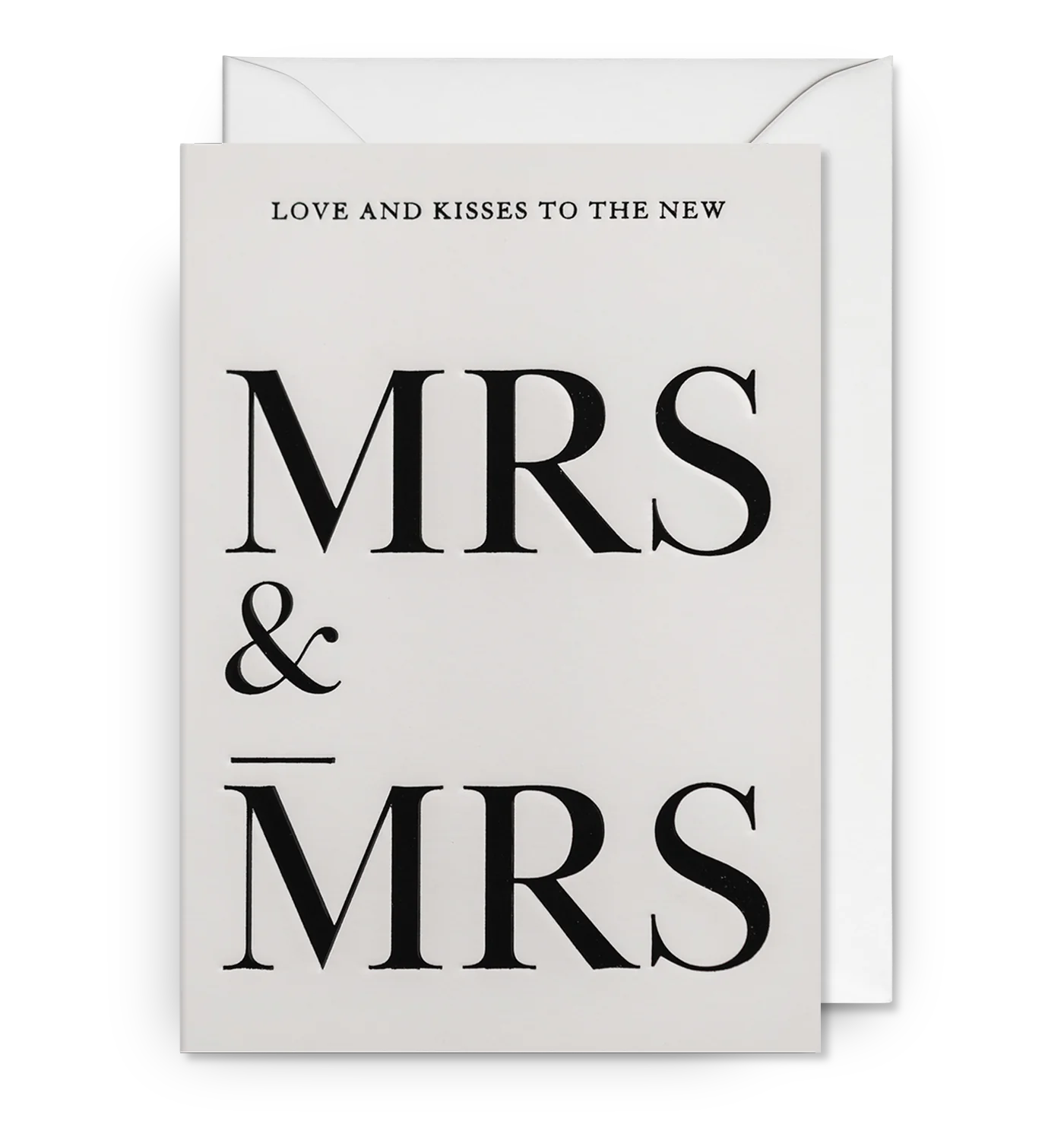 A black and white wedding card with the text 'LOVE AND KISSES TO THE NEW MRS & MRS' printed on the front. The background is white, and the text is in black.