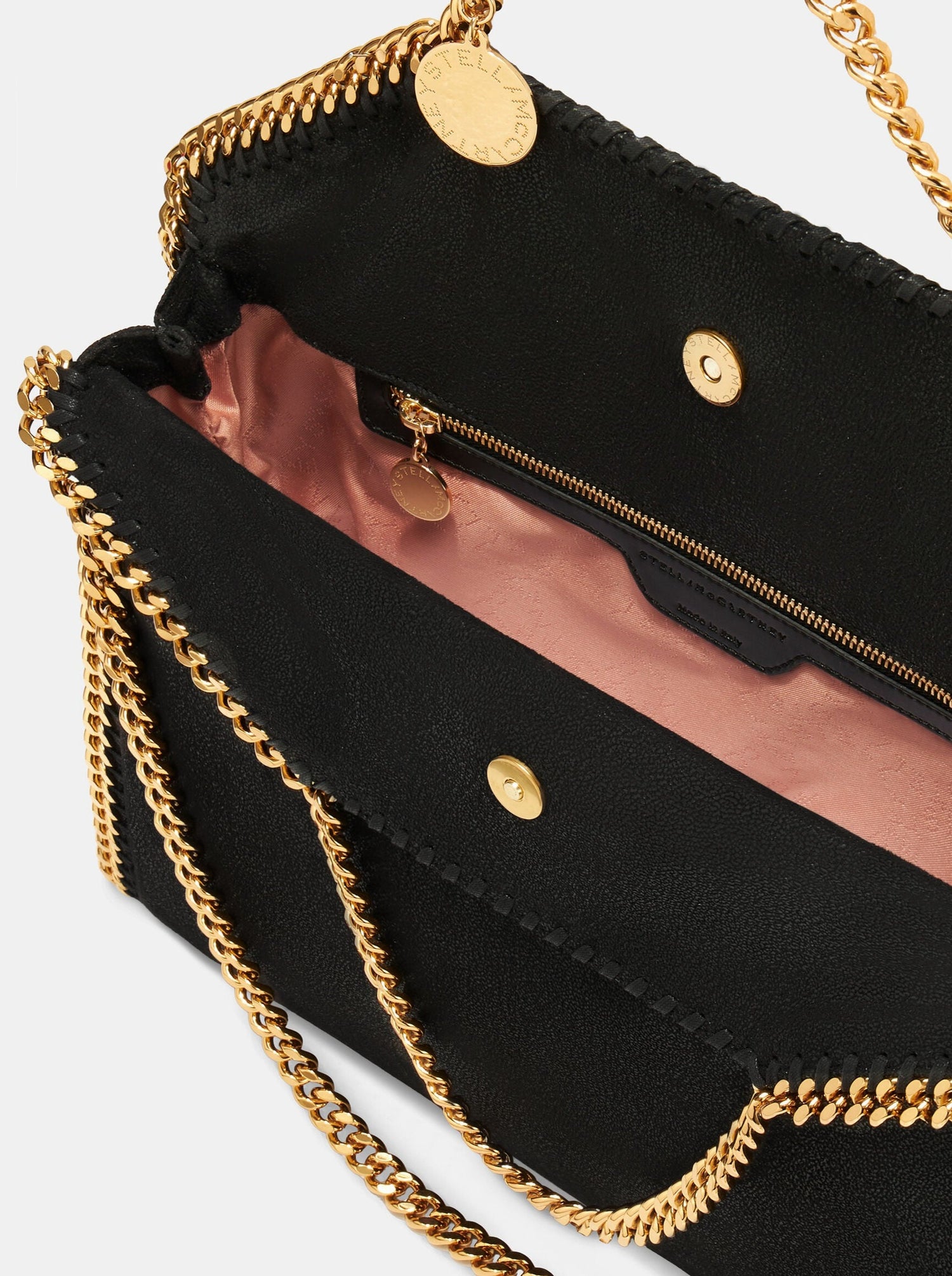 Falabella fold over tote, black w. gold chain