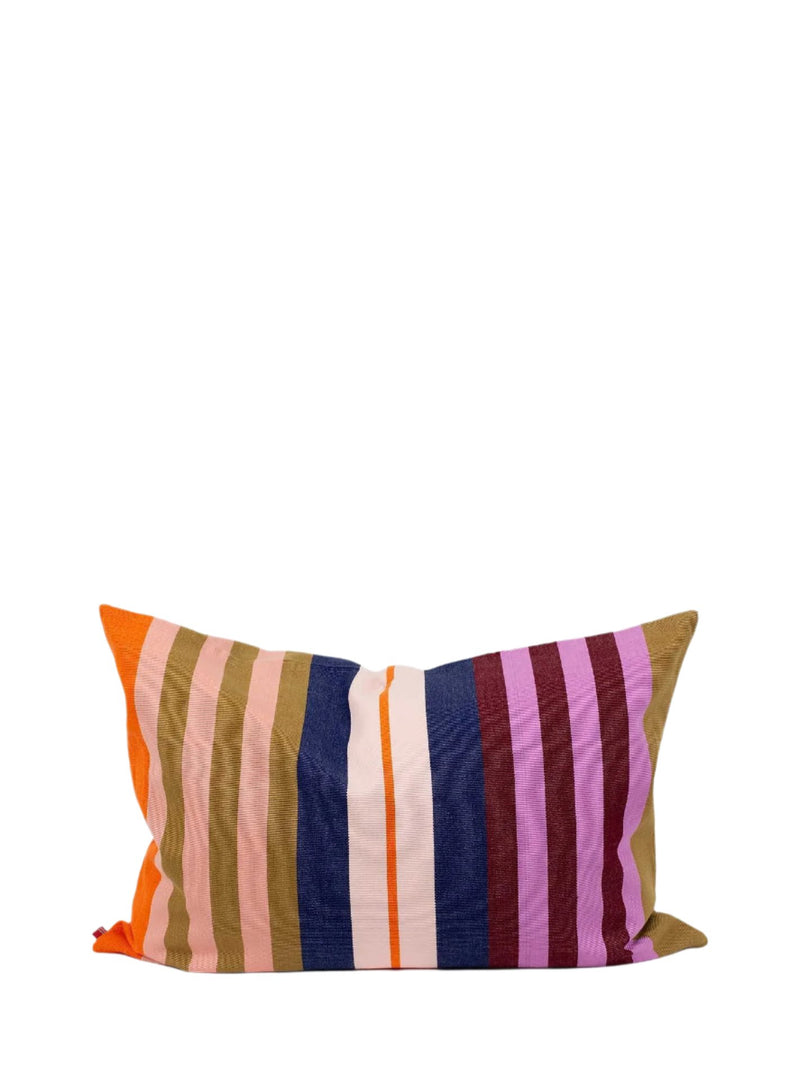 A multicolored striped cushion cover displayed on a white background