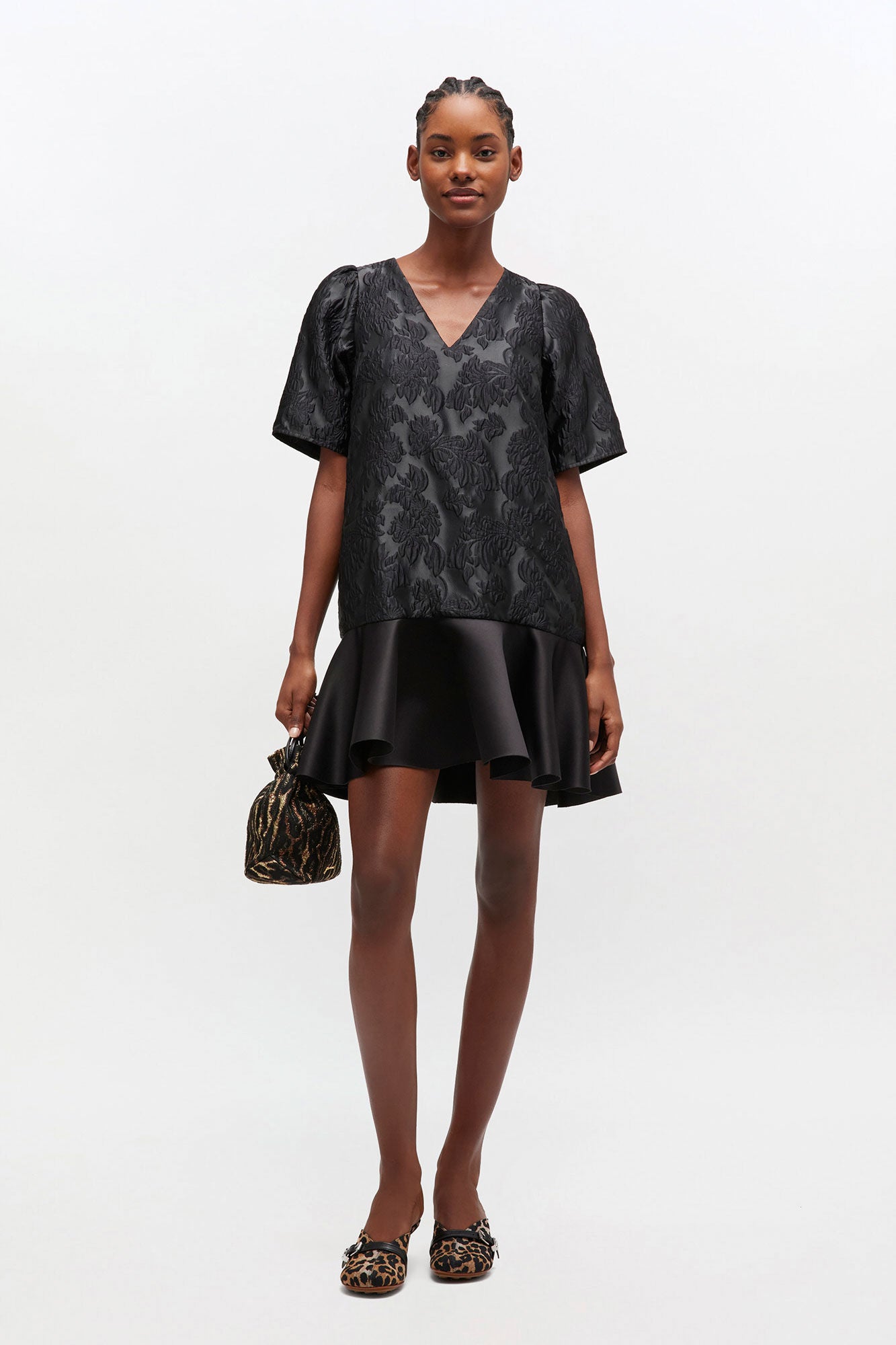 Satin cloque mini dress, black