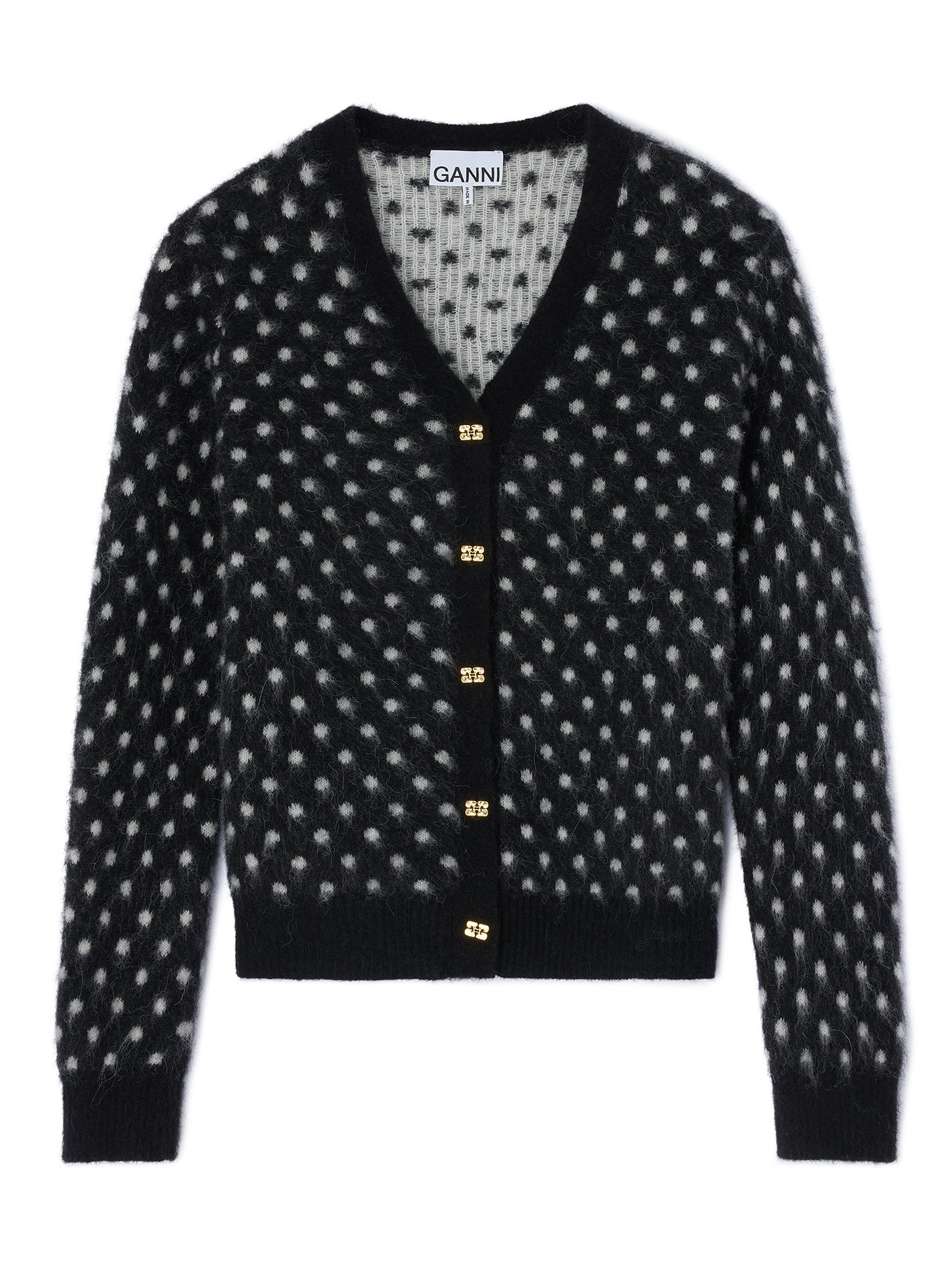 Heavy brushed alpaca graphic dot print cardigan, black-white
