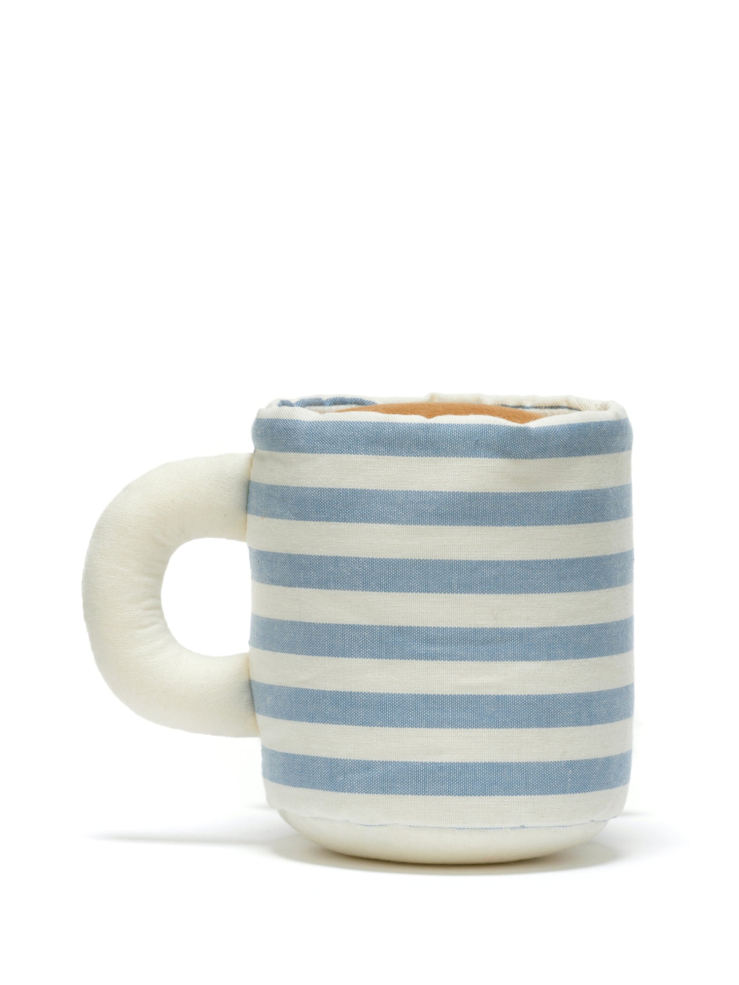 Soft toy mug with blue and white stripes on a white background