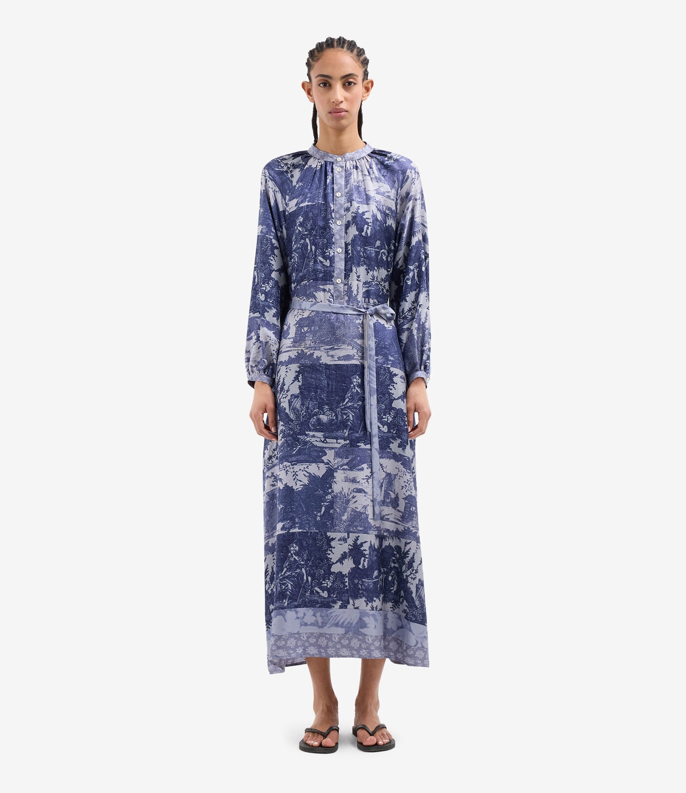 Aloe silk shirt dress, blue toile print