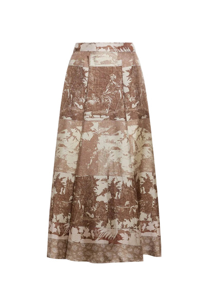 Aloe A-line silk skirt, beige tapestry print