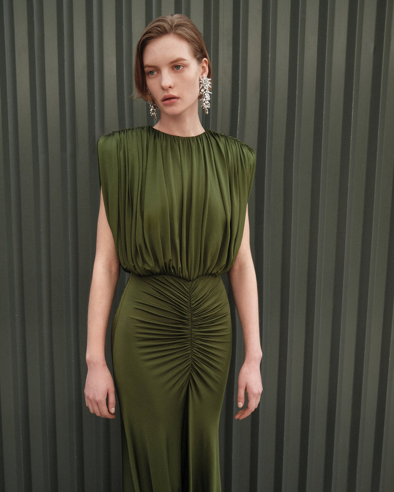 Jersey gathered maxi dress, olive