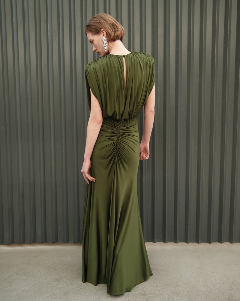Jersey gathered maxi dress, olive