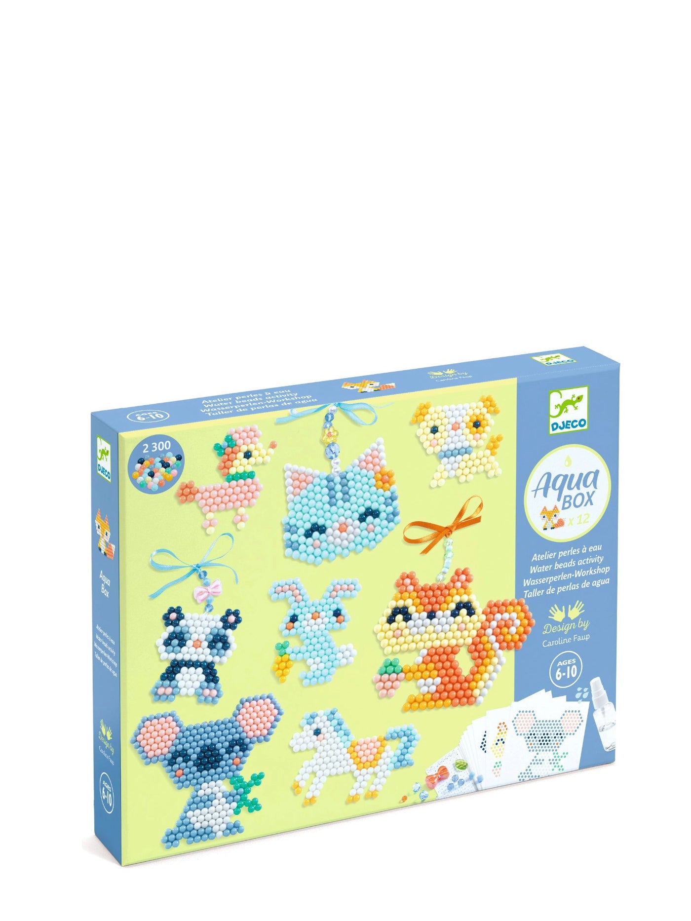 Box of Aqua beads with animal designs on a white background