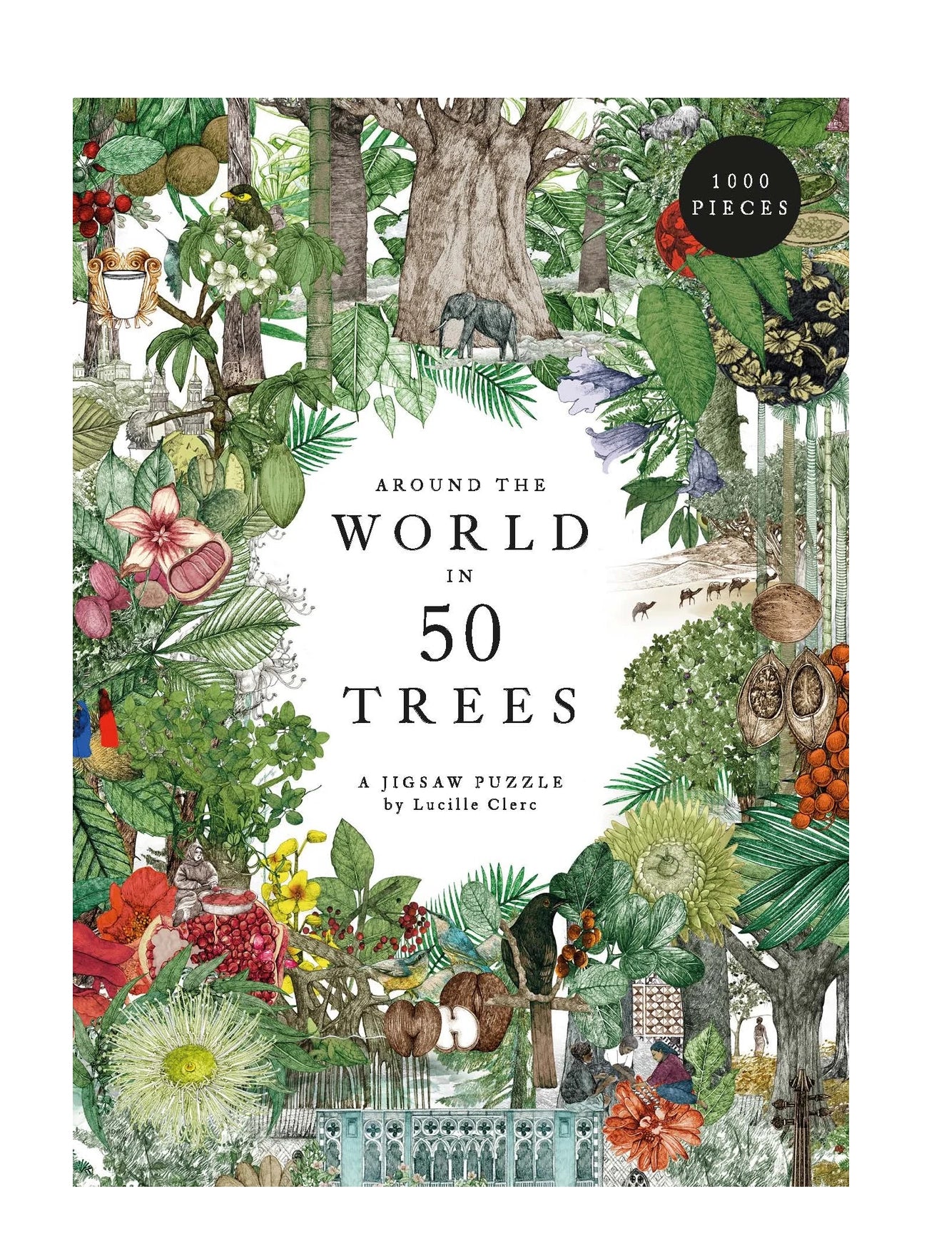 A puzzle box featuring an illustrated image of various trees and lush foliage, with the title 'Around the World in 50 Trees' and the number '1000 pieces' displayed.