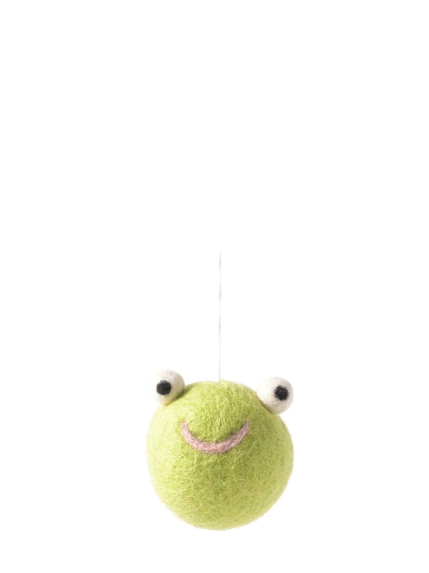 Green frog-shaped ball with a smile on a white background