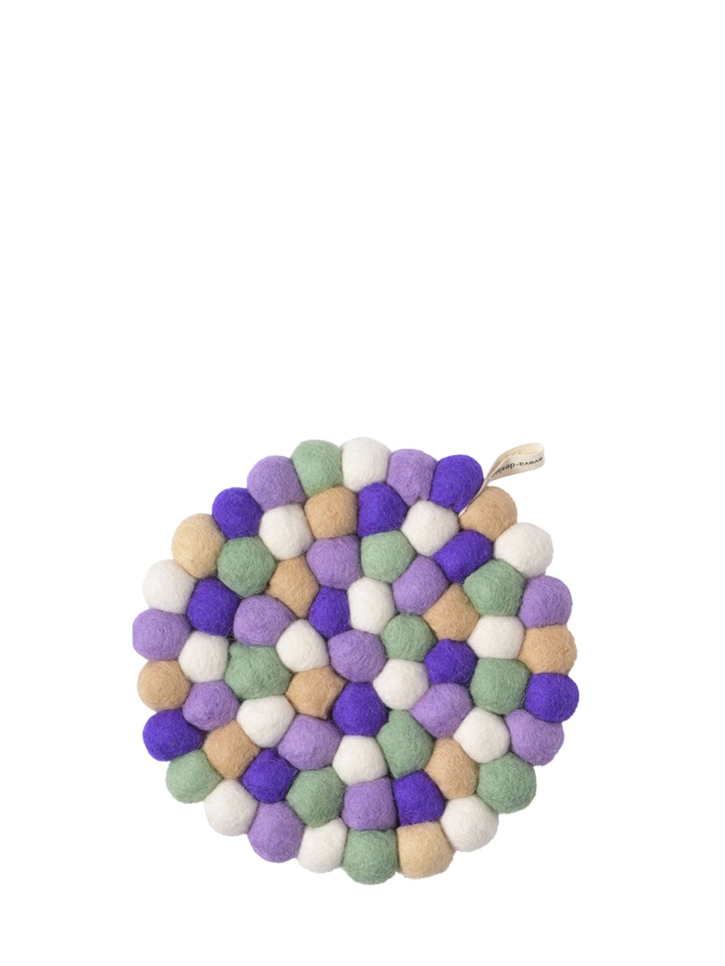Round trivet with multicolored pom-pom design on a white background