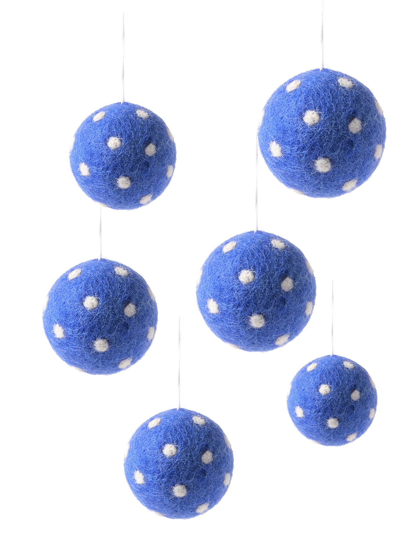 Woollen ball hanging ornament, blue w/white dots