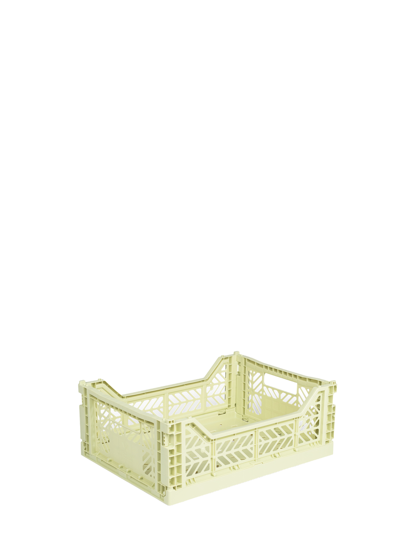 Easy to fold when not in use, the Aykasa medium size plastic storage crate in Melon green can be stacked on top of each other and the colour range has a perfect hue for any room.