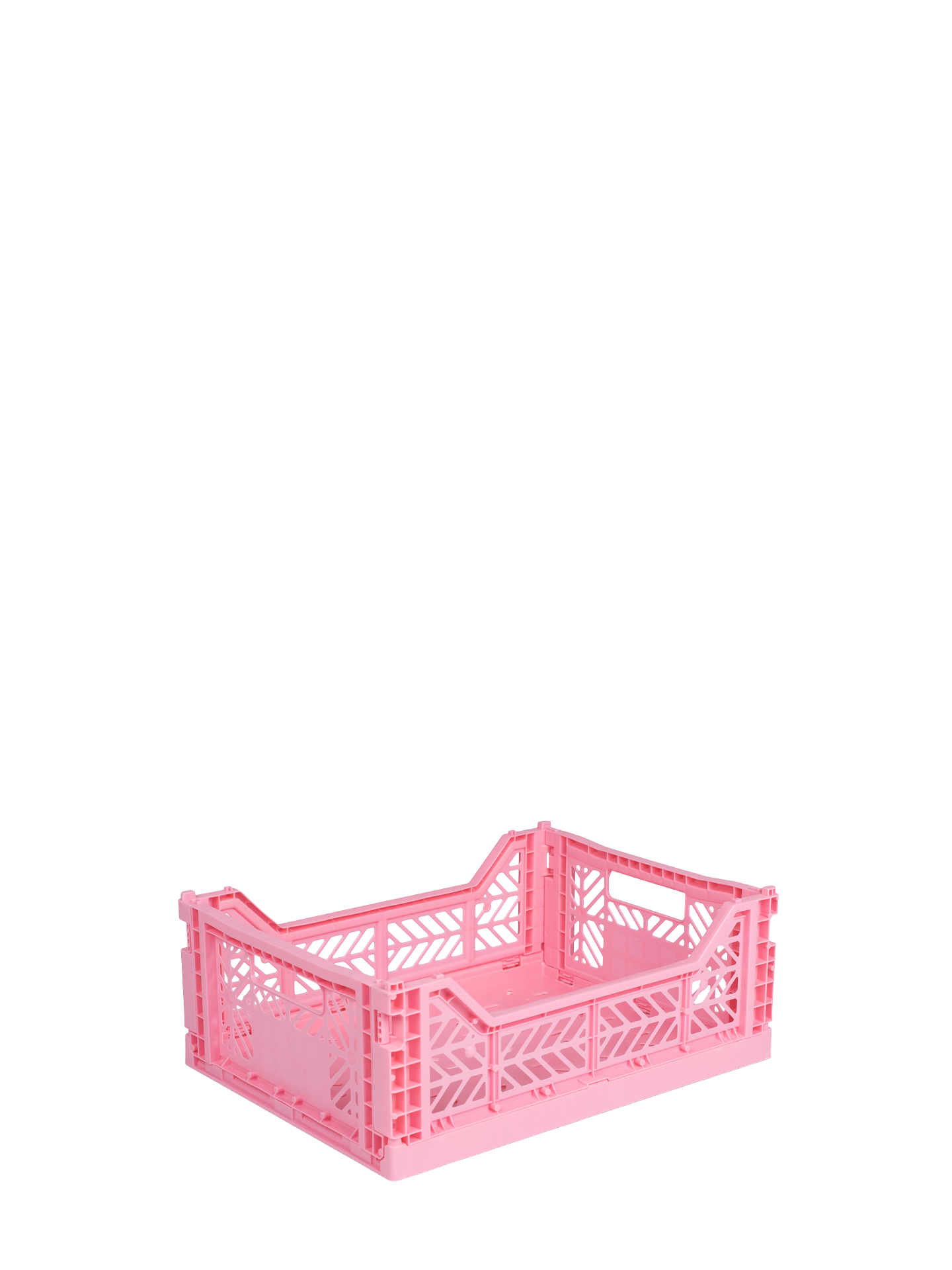 Easy to fold when not in use, the Aykasa medium size plastic storage crate in Baby pink can be stacked on top of each other and the colour range has a perfect hue for any room.