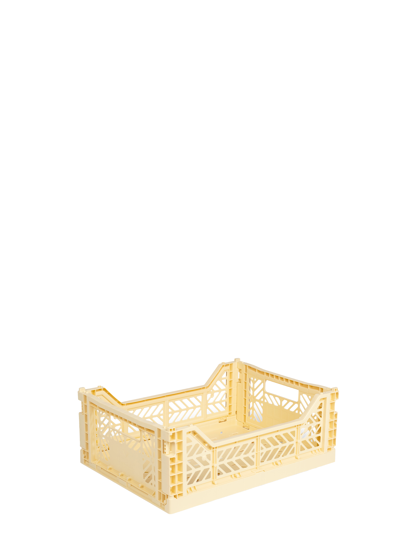 Easy to fold when not in use, the Aykasa medium size plastic storage crate in light yellow Banana can be stacked on top of each other and the colour range has a perfect hue for any room.