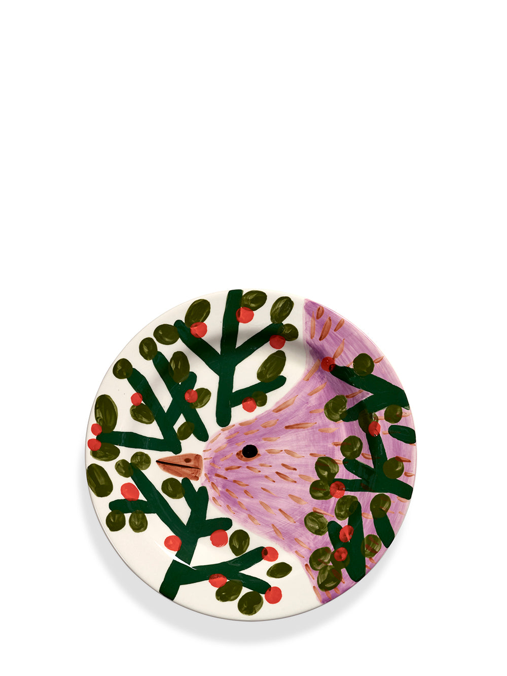 Decorative plate with green leaf pattern & bird on a white background