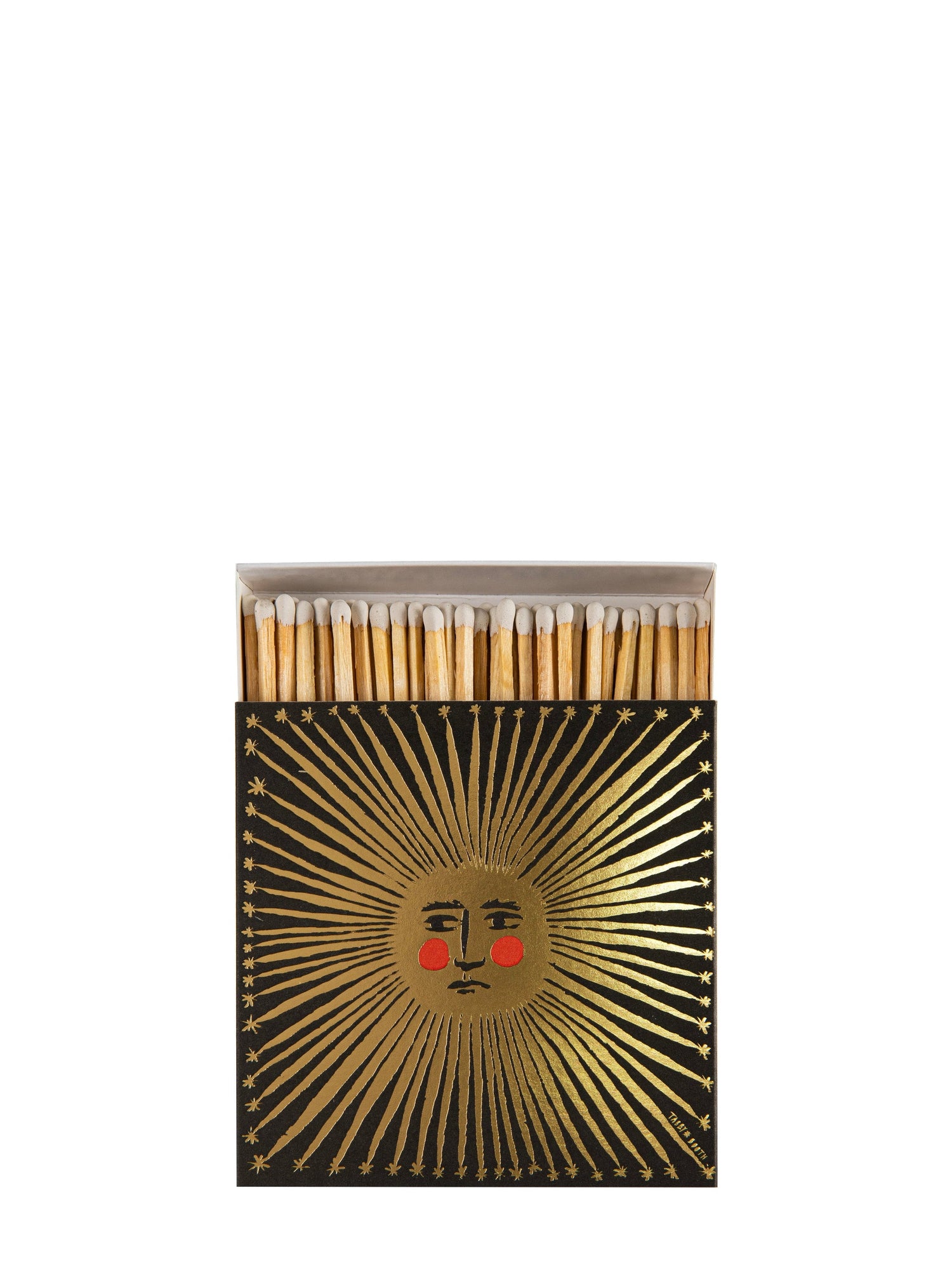 Matches with a decorative box featuring a sun design on a white background