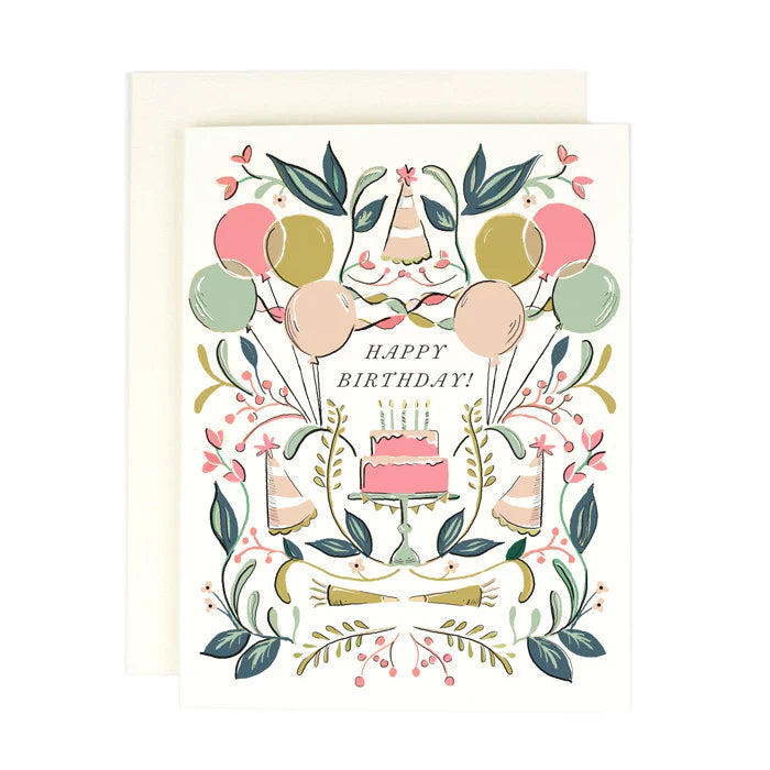 Cake, balloons, party hats... Pastel hand-illustrated Birthday Card